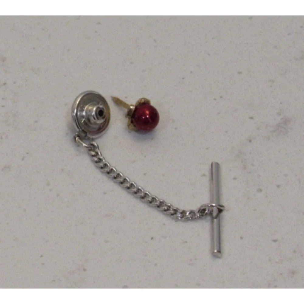 Vintage‎ Mens Red Faux Pearl Tie Tack Silver Tone Chain T-Bar Formal Accessory